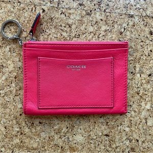 Coach leather keychain change purse with pockets, coral colored